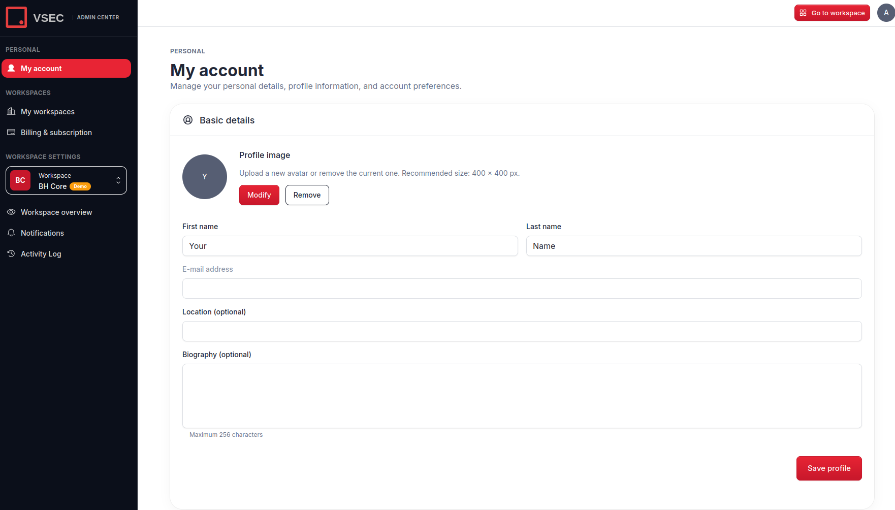 My Account — basic details
